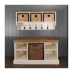 Hallway Set Shoe Bench, Coat Rack, Wicker Basket & Wooden Boxes