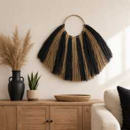 Seagrass Fan Wall Hanging Black Natural Rattan Decor Boho Statement Art - thumbnail 1