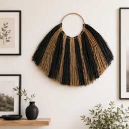 Seagrass Fan Wall Hanging Black Natural Rattan Decor Boho Statement Art - thumbnail 2