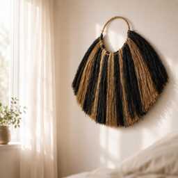 Seagrass Fan Wall Hanging Black Natural Rattan Decor Boho Statement Art - thumbnail 4