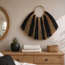 Seagrass Fan Wall Hanging Black Natural Rattan Decor Boho Statement Art - thumbnail 3