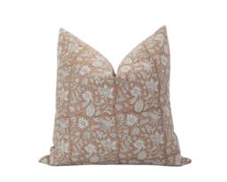 Julia -- Designer Rusty Brown Floral Linen Pillow Cover Block Print Farmhouse Rust Neutral - thumbnail 1