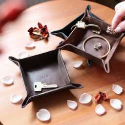 Personalised Vintage Leather Coin & Key Tray Wedding Gift For Him Or Her - thumbnail 1