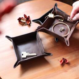Personalised Vintage Leather Coin & Key Tray Wedding Gift For Him Or Her - thumbnail 2