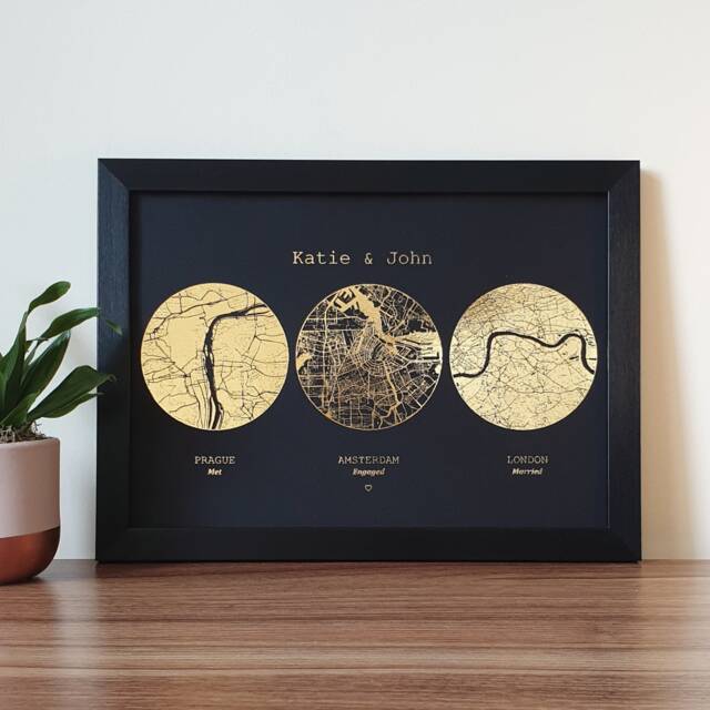 A4 Met Engaged Married Foil Map Print, Custom Multi Location Wedding Anniversary Personalised Print in Copper, Gold, Silver Or Rose Gold - image 1