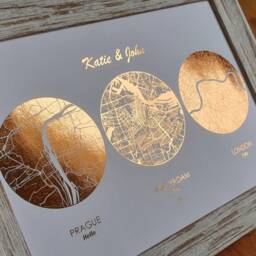 A4 Met Engaged Married Foil Map Print, Custom Multi Location Wedding Anniversary Personalised Print in Copper, Gold, Silver Or Rose Gold - thumbnail 3
