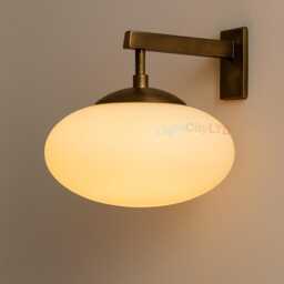 Wall Sconce Lamp, Brass & Wood Modern Mounted Lighting Fixture, Frosted White Glass Globe Shade - thumbnail 2