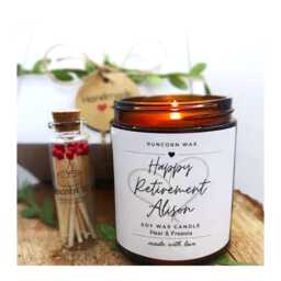 Happy Retirement Candle Personalised Gift, Soy Wax Scented, For Friend, Family, Colleague, Gift Box With Matches, Custom Personalisation - thumbnail 1