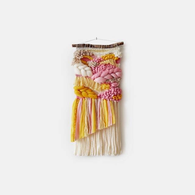 Abstract Woven Wall Hanging Yellow & Pink Boho Fiber Art - image 1