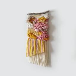 Abstract Woven Wall Hanging Yellow & Pink Boho Fiber Art - thumbnail 4