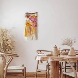 Abstract Woven Wall Hanging Yellow & Pink Boho Fiber Art - thumbnail 2