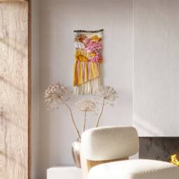 Abstract Woven Wall Hanging Yellow & Pink Boho Fiber Art - thumbnail 3