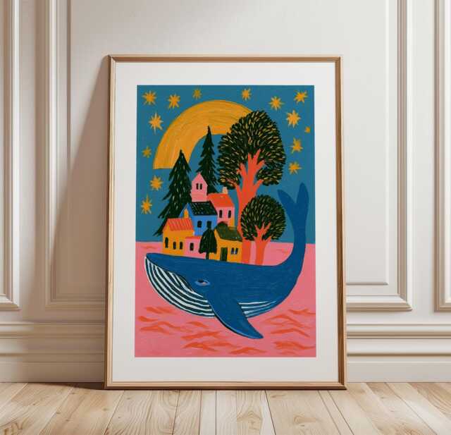 Whale Village Poster, Folk Art Wall Art, Coastal Fantasy Print - image 1