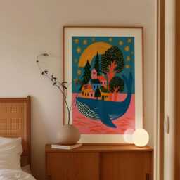 Whale Village Poster, Folk Art Wall Art, Coastal Fantasy Print - thumbnail 2