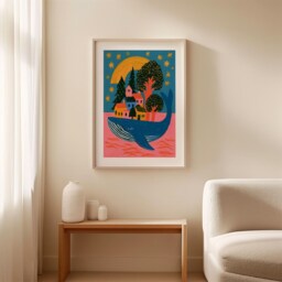 Whale Village Poster, Folk Art Wall Art, Coastal Fantasy Print - thumbnail 3