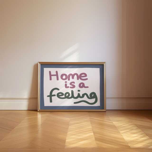 Home Is A Feeling Print, Cosy Wall Art, Entryway Hallway Hand Drawn Quote Poster, Horizontal Typography Decor, Colourful Retro Decor - image 1