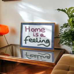 Home Is A Feeling Print, Cosy Wall Art, Entryway Hallway Hand Drawn Quote Poster, Horizontal Typography Decor, Colourful Retro Decor - thumbnail 2