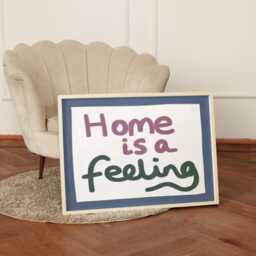 Home Is A Feeling Print, Cosy Wall Art, Entryway Hallway Hand Drawn Quote Poster, Horizontal Typography Decor, Colourful Retro Decor - thumbnail 3