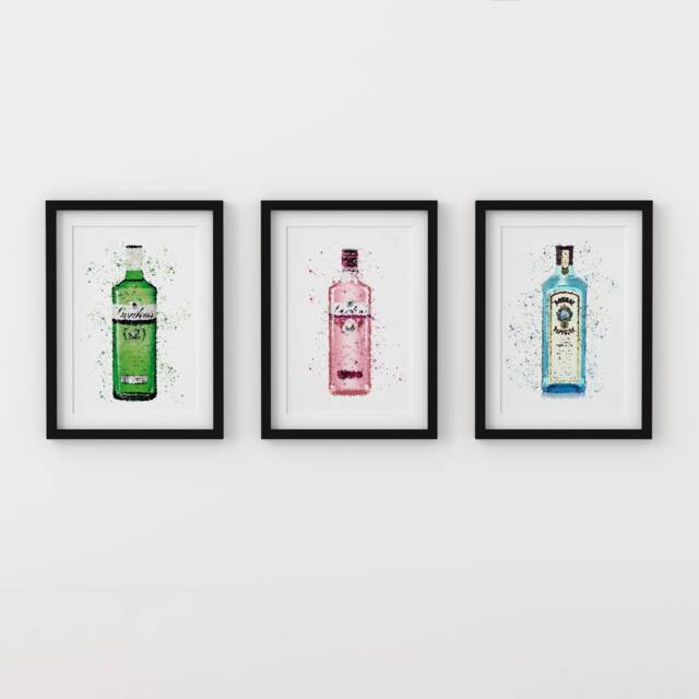 Set Of 3 Gin Collection Bottles Watercolour Splash A3, A4, 5x7 & 4x6 Wall Art Prints - image 1