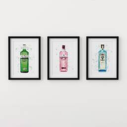 Set Of 3 Gin Collection Bottles Watercolour Splash A3, A4, 5x7 & 4x6 Wall Art Prints - thumbnail 1