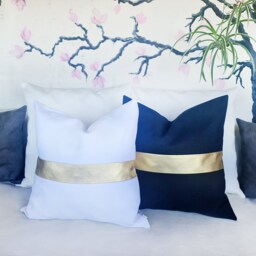 Color Block Pillow Cover Gold Faux Leather, Linen, Modern Home - thumbnail 3