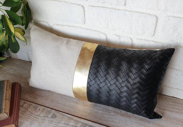 Color Block Lumbar Pillow Cover Black Wicker Faux Leather, Beige Linen, Gold - image 1