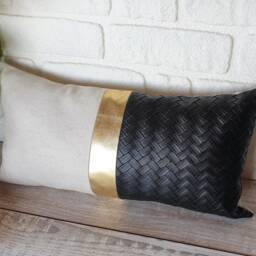 Color Block Lumbar Pillow Cover Black Wicker Faux Leather, Beige Linen, Gold - thumbnail 3
