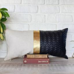 Color Block Lumbar Pillow Cover Black Wicker Faux Leather, Beige Linen, Gold - thumbnail 2