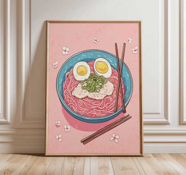 Ramen Poster Japanese Food Art Print Noodle Bowl Illustration Kitchen Wall Decor Asian Cuisine Artwork Pink Aesthetic - image 1