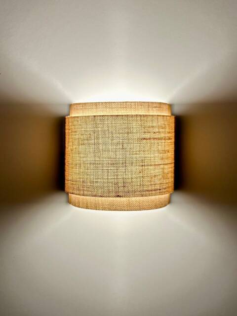 Rustic Wood Wall Sconce, Burlap Double Shade, Boho Japandi Lamp. Taxes Paid To The Usa - image 1