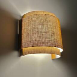 Rustic Wood Wall Sconce, Burlap Double Shade, Boho Japandi Lamp. Taxes Paid To The Usa - thumbnail 3