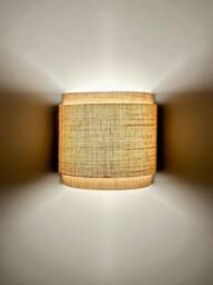 Rustic Wood Wall Sconce, Burlap Double Shade, Boho Japandi Lamp. Taxes Paid To The Usa - thumbnail 1