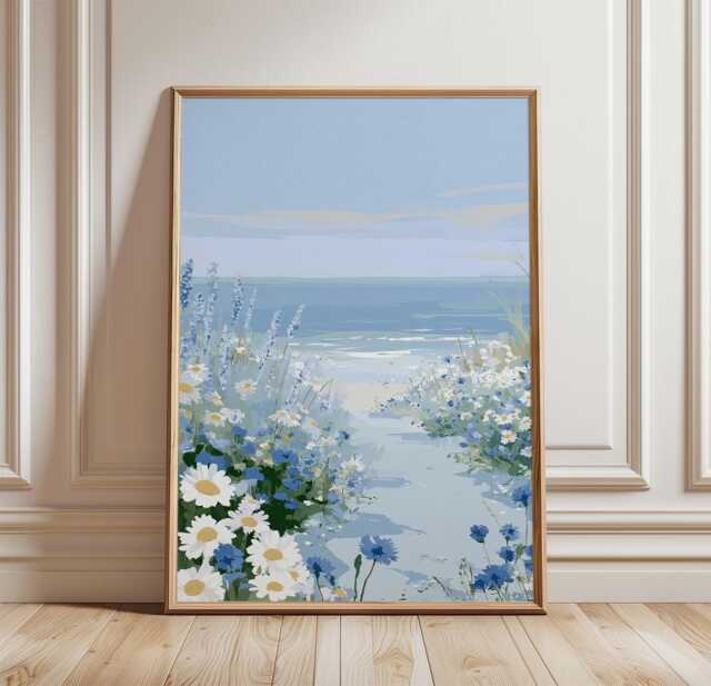 Coastal Wildflower Poster, Blue Beach Path Print, Seaside Wall Art - image 1