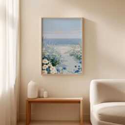 Coastal Wildflower Poster, Blue Beach Path Print, Seaside Wall Art - thumbnail 3