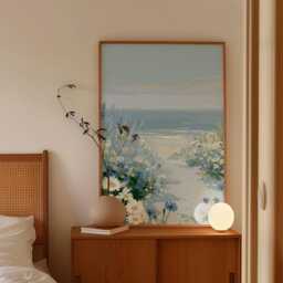 Coastal Wildflower Poster, Blue Beach Path Print, Seaside Wall Art - thumbnail 2