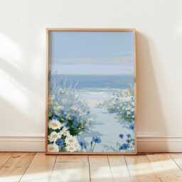 Coastal Wildflower Poster, Blue Beach Path Print, Seaside Wall Art - thumbnail 4