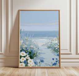 Coastal Wildflower Poster, Blue Beach Path Print, Seaside Wall Art