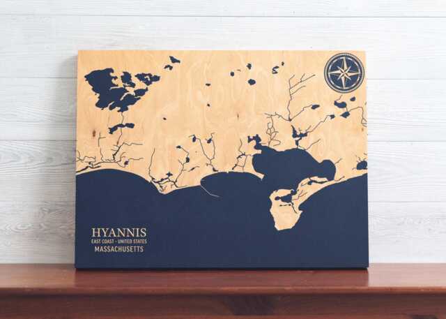 Hyannis, Massachusetts Map - Engraved Wood Coastal Chart Wall Art Sign, Beach House Home Decor Nautical Print, Personalized Family Gift - image 1