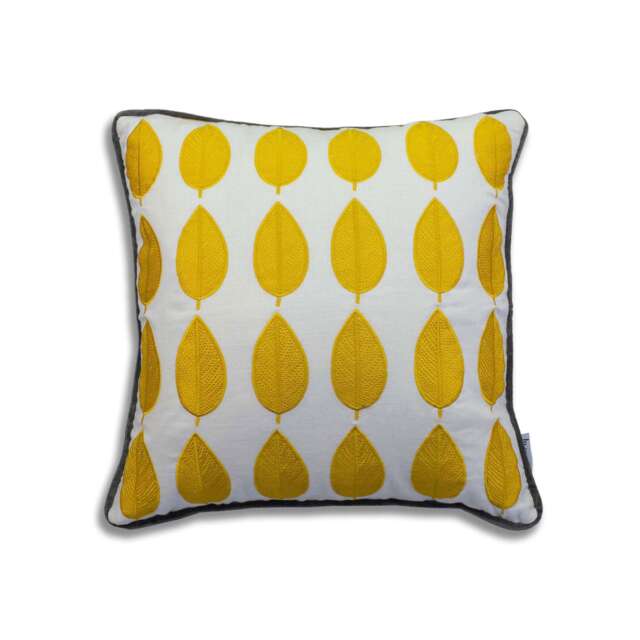 Embroidered Leaf Cushion, Ochre Yellow Linen Pillow, Cotton Velvet Back - image 1