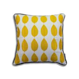 Embroidered Leaf Cushion, Ochre Yellow Linen Pillow, Cotton Velvet Back - thumbnail 1