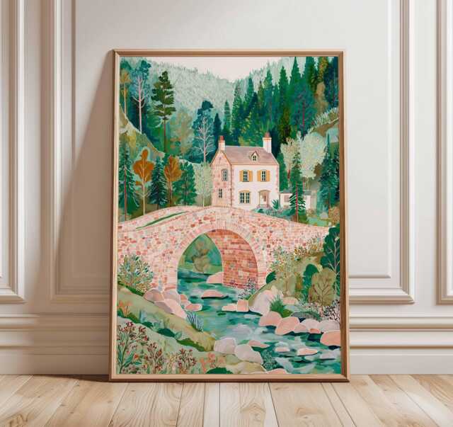 Cottage Landscape Wall Art Print, Rustic Stone Bridge Poster, Countryside Home Decor, Nature Artwork, English Style Poster