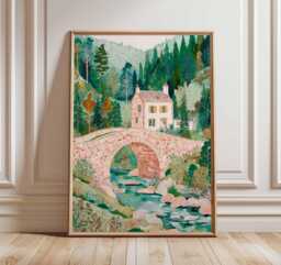 Cottage Landscape Wall Art Print, Rustic Stone Bridge Poster, Countryside Home Decor, Nature Artwork, English Style Poster - thumbnail 1
