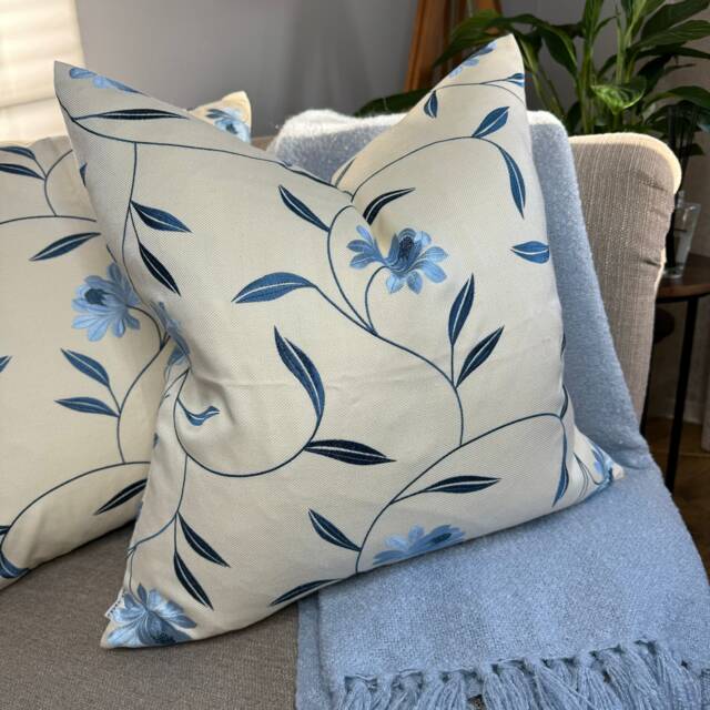 Iliv Flourish Cushion Cover in Blue , Floral Pillow Cover, Double Sided, Sofa - Bed Embroidered - image 1