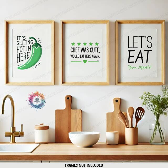Green Kitchen Wall Art - Set Of 3 Prints - Let's Eat, Chef Was Cute, Chilli Quotes Dining Room Decor Home Posters Gallery - image 1