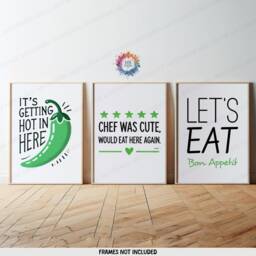 Green Kitchen Wall Art - Set Of 3 Prints - Let's Eat, Chef Was Cute, Chilli Quotes Dining Room Decor Home Posters Gallery - thumbnail 2