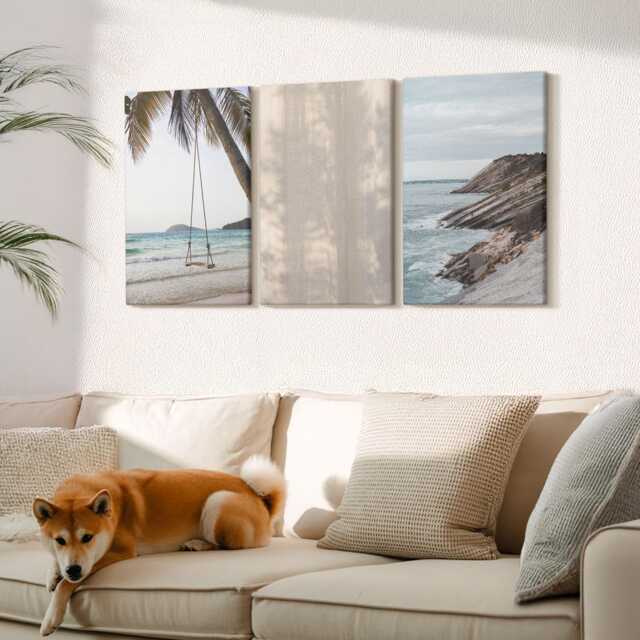 Canvas Set Of 3 Wall Art - Summer Sand & Seaside Views Landscapes, Blue Photo Print, Landscapes Hanging Piece - image 1