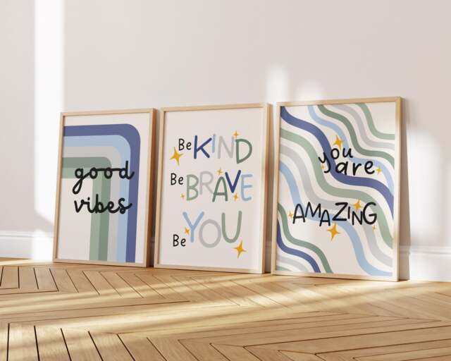Childrens Affirmation Wall Art - Kids Bedroom Poster Set Of 3 Positive Quotes Blue Green Playroom Nursery Print Boys Room Decor - image 1