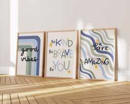 Childrens Affirmation Wall Art - Kids Bedroom Poster Set Of 3 Positive Quotes Blue Green Playroom Nursery Print Boys Room Decor - thumbnail 1