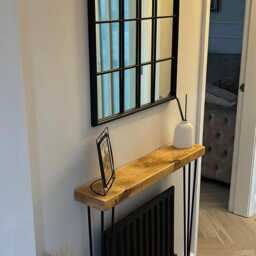 Narrow Omni Rustic Console Table With Black 3 Pin Hairpin Legs. - Hallway/Radiator Cover - 15cm Depth - thumbnail 2