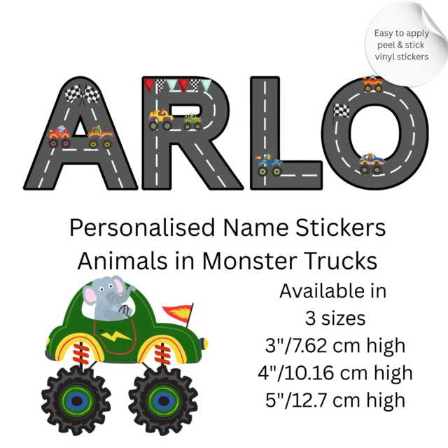 Personalized Name Stickers With Monster Trucks Animals Driving Hot Rods 3 Height Size Of Vinyl Letter - image 1